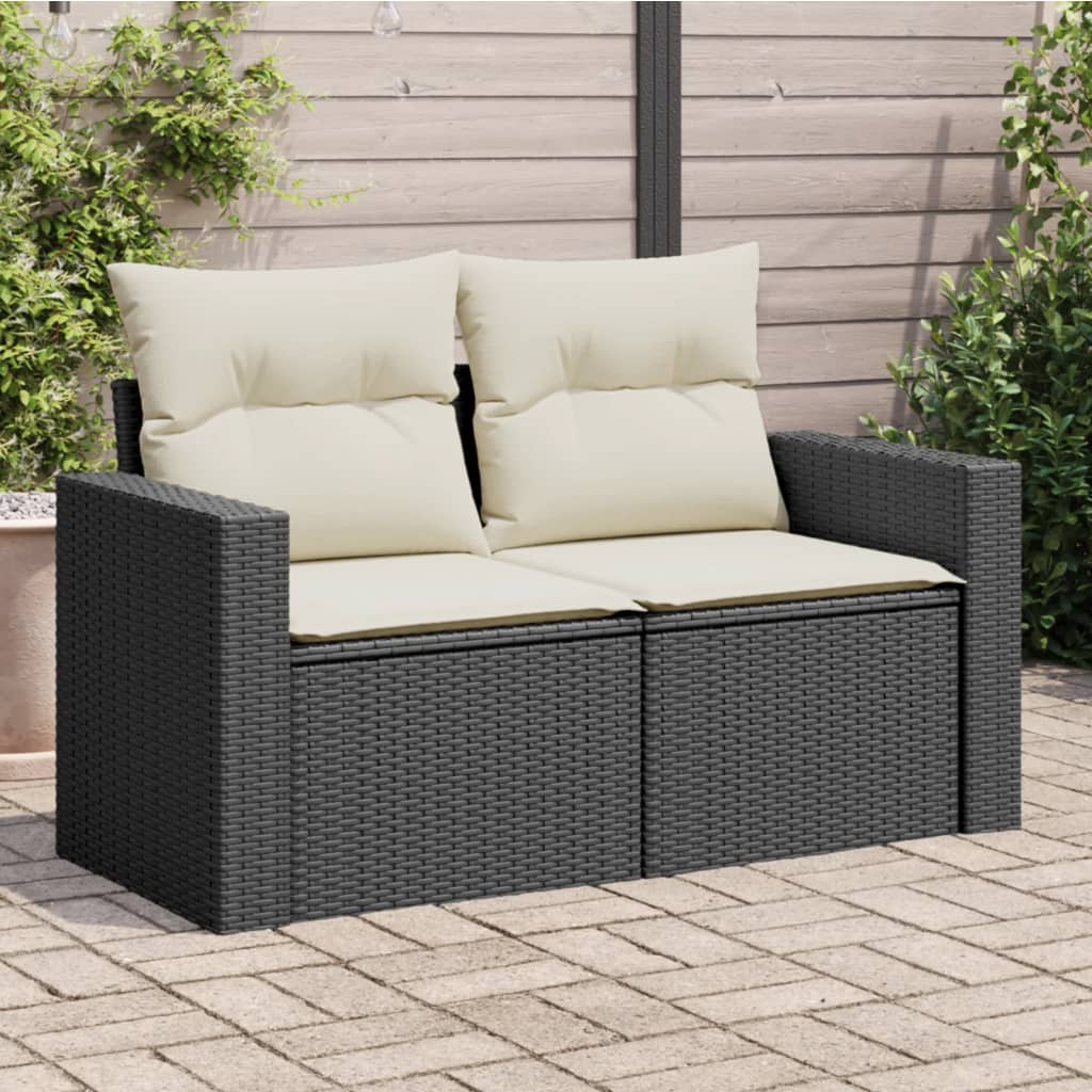 vidaXL Sofa ogrodowa z poduszkami, 2-osobowa, czarna, polirattan