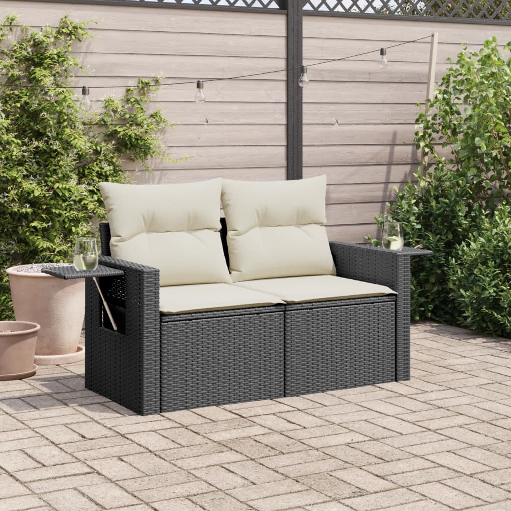 vidaXL Sofa ogrodowa z poduszkami, 2-osobowa, czarna, polirattan
