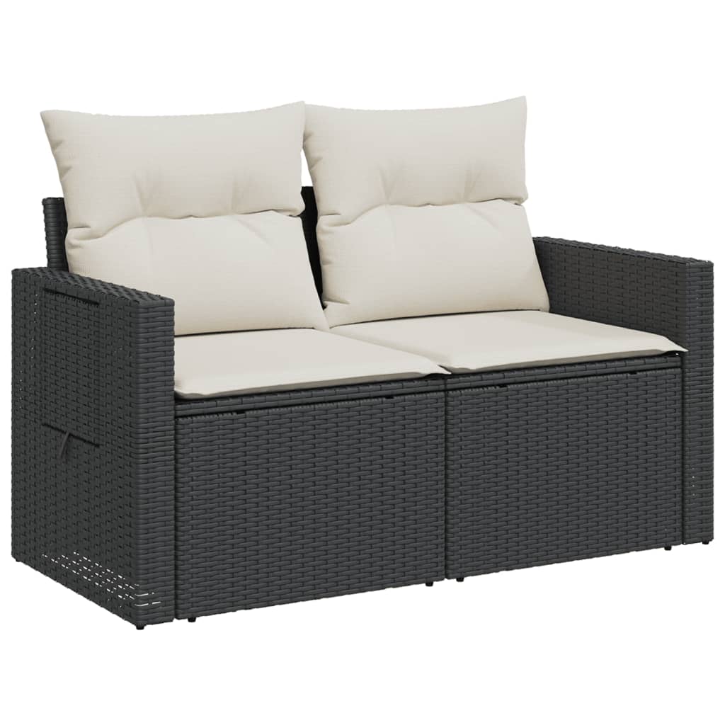 vidaXL Sofa ogrodowa z poduszkami, 2-osobowa, czarna, polirattan