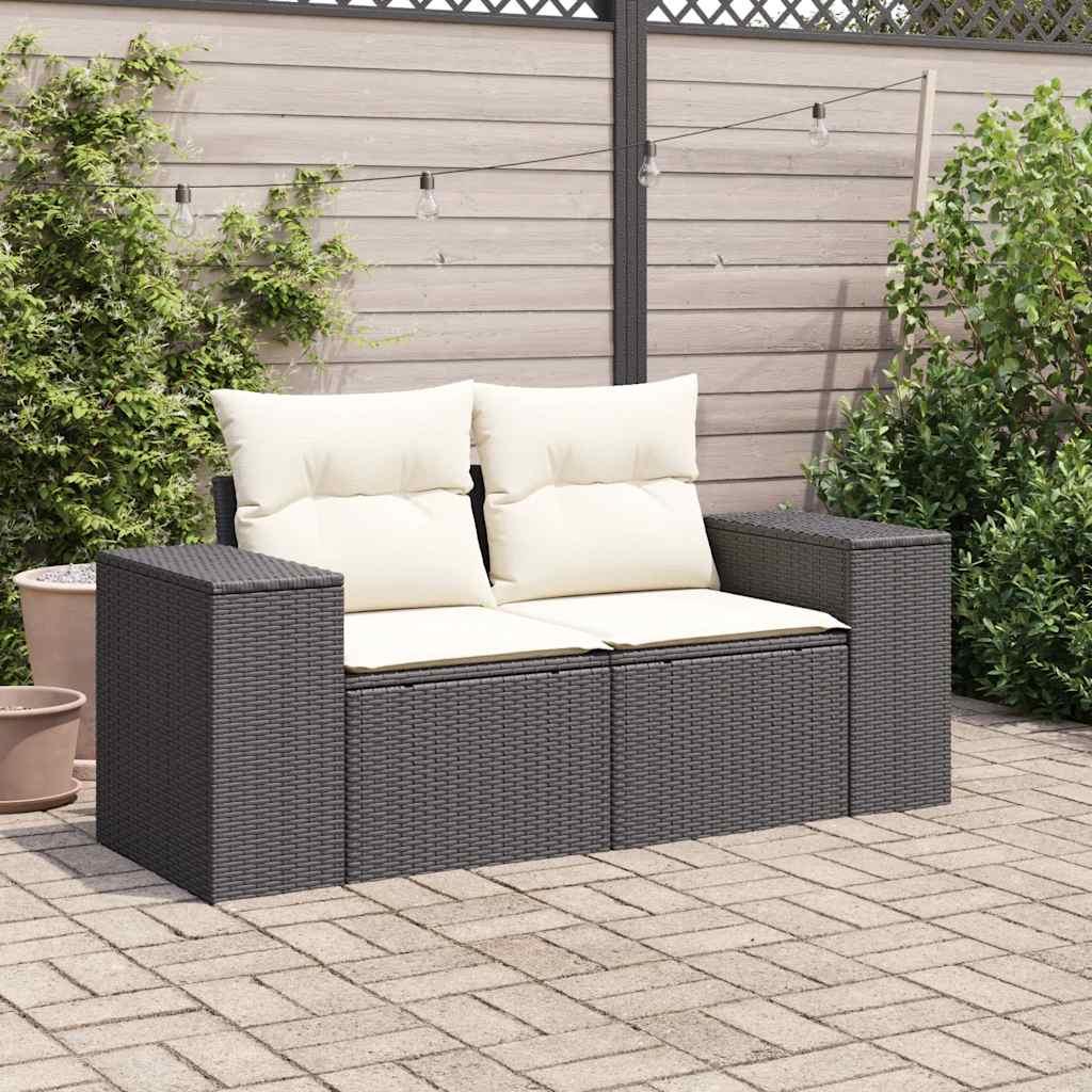 vidaXL Sofa ogrodowa z poduszkami, 2-osobowa, czarna, polirattan
