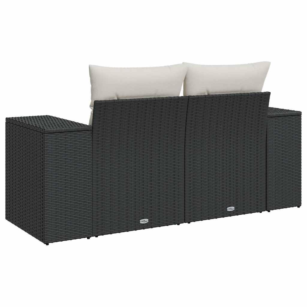 vidaXL Sofa ogrodowa z poduszkami, 2-osobowa, czarna, polirattan