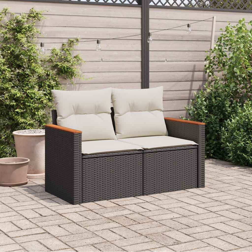 vidaXL Sofa ogrodowa z poduszkami, 2-osobowa, czarna, polirattan