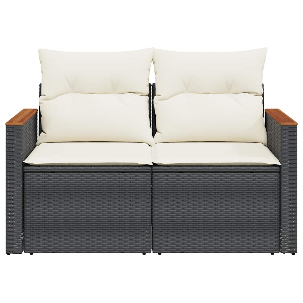 vidaXL Sofa ogrodowa z poduszkami, 2-osobowa, czarna, polirattan