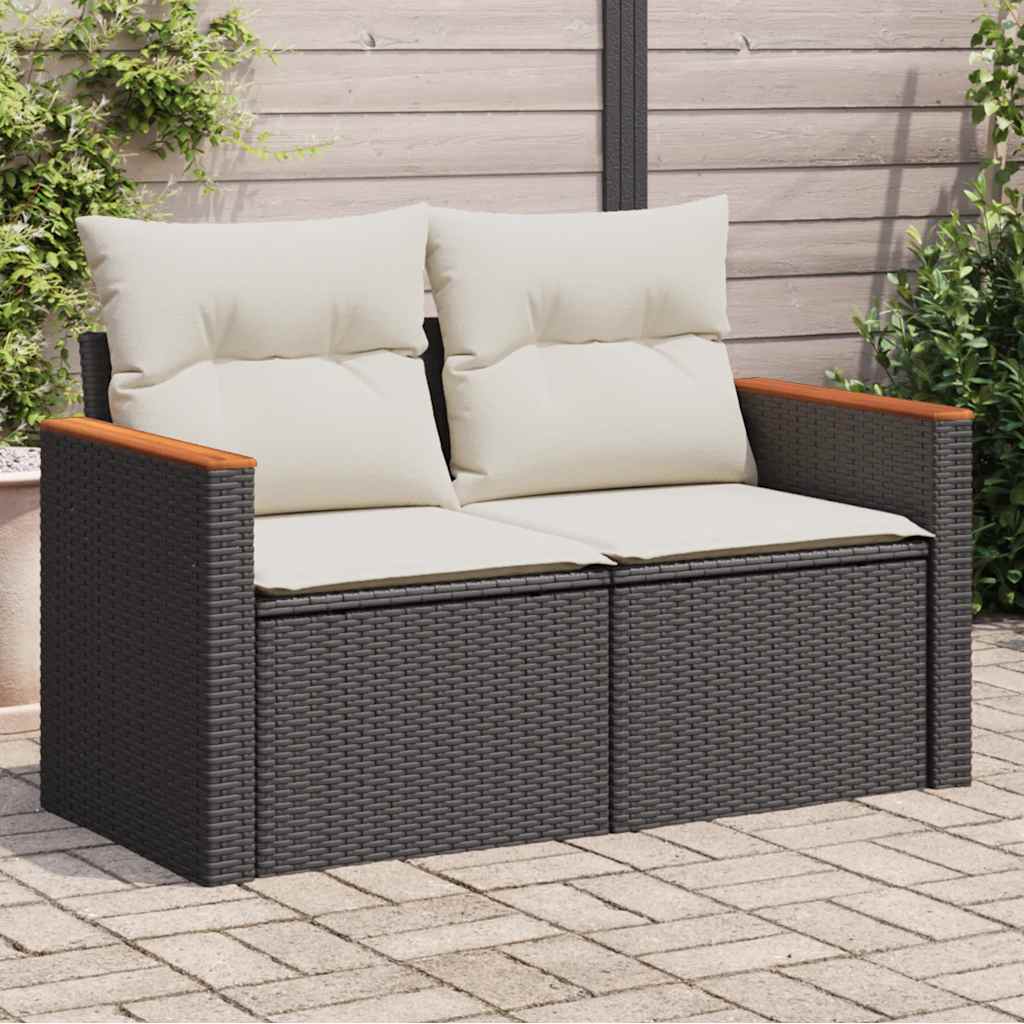 vidaXL Sofa ogrodowa z poduszkami, 2-osobowa, czarna, polirattan