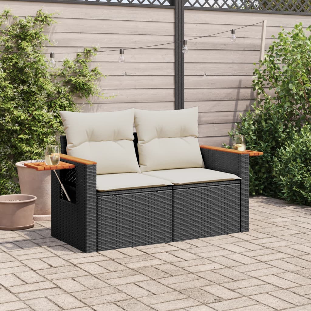 vidaXL Sofa ogrodowa z poduszkami, 2-osobowa, czarna, polirattan