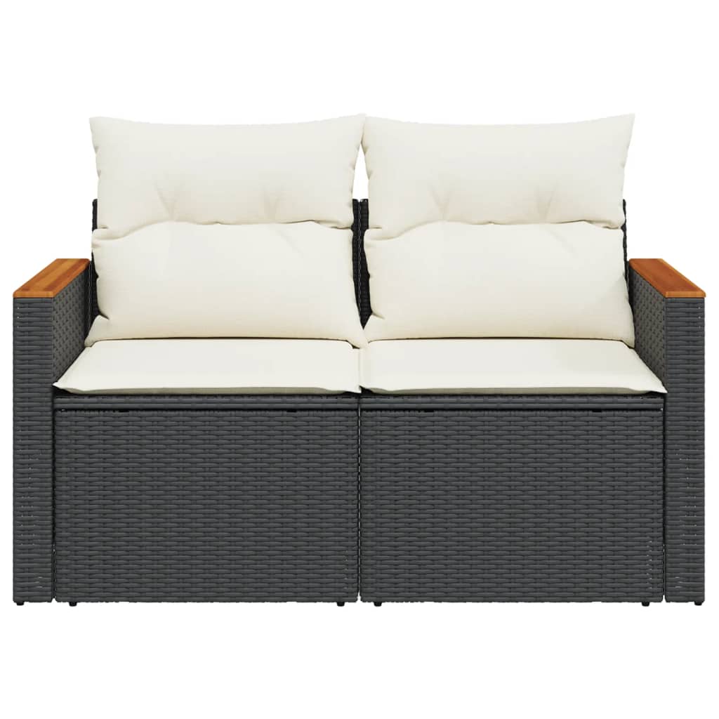 vidaXL Sofa ogrodowa z poduszkami, 2-osobowa, czarna, polirattan