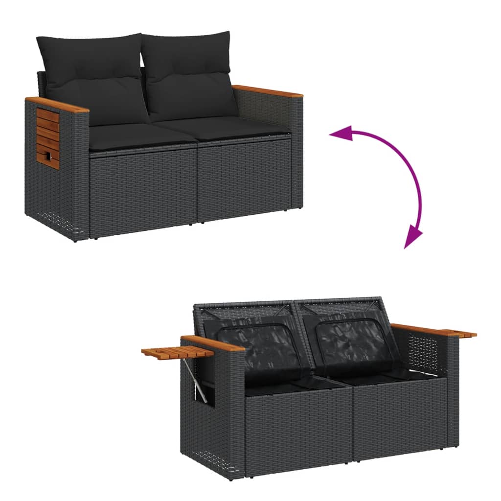 vidaXL Sofa ogrodowa z poduszkami, 2-osobowa, czarna, polirattan