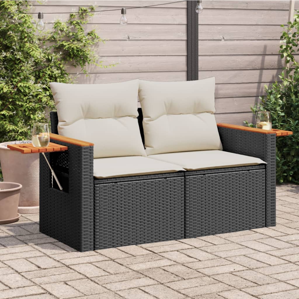 vidaXL Sofa ogrodowa z poduszkami, 2-osobowa, czarna, polirattan