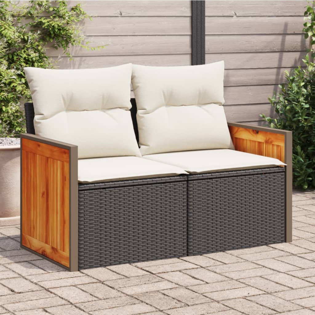 vidaXL Sofa ogrodowa z poduszkami, 2-osobowa, czarna, polirattan