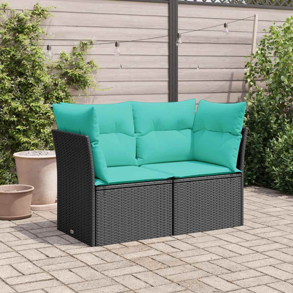 vidaXL Sofa ogrodowa z poduszkami, 2-osobowa, czarna, polirattan