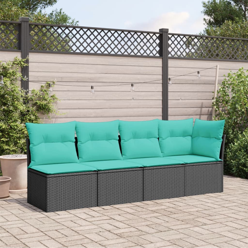 vidaXL Sofa ogrodowa z poduszkami, 4-osobowa, czarna, polirattan