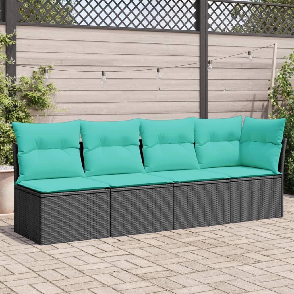 vidaXL Sofa ogrodowa z poduszkami, 4-osobowa, czarna, polirattan