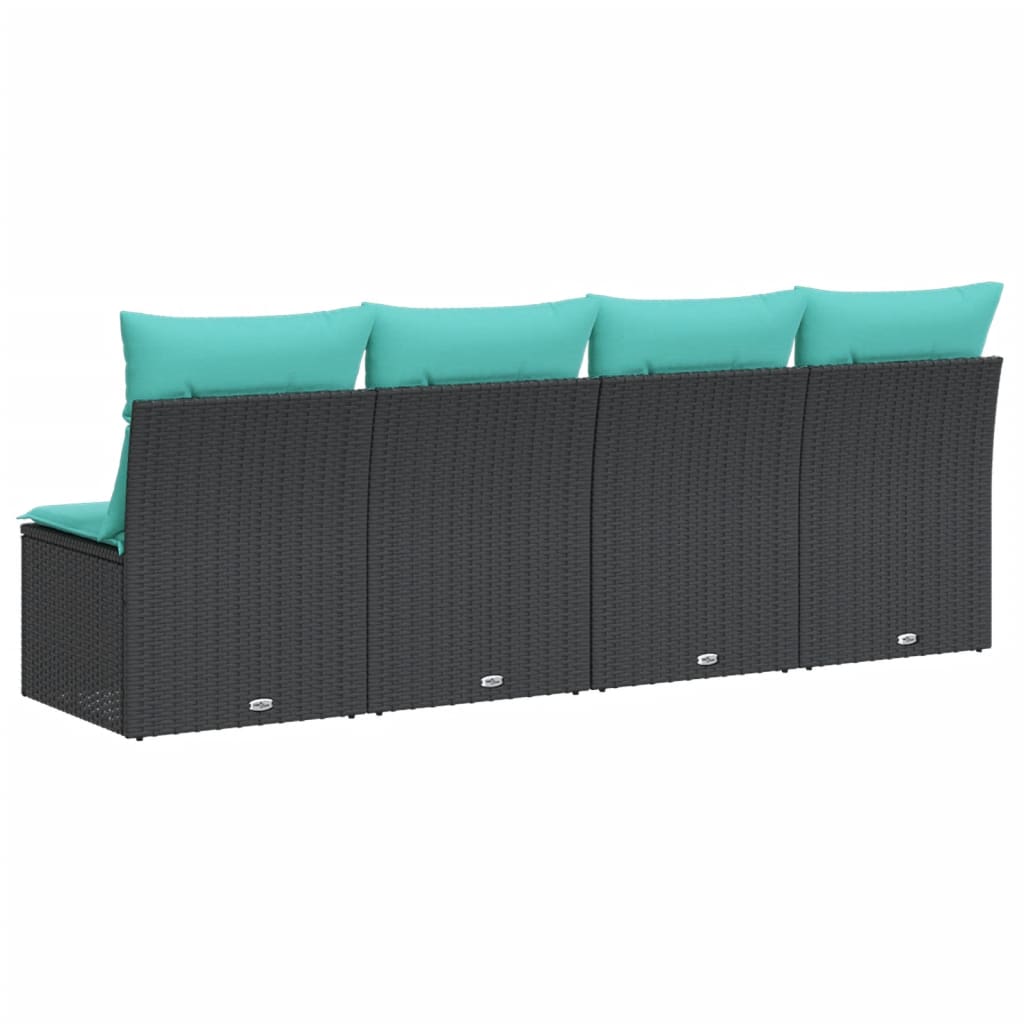 vidaXL Sofa ogrodowa z poduszkami, 4-osobowa, czarna, polirattan