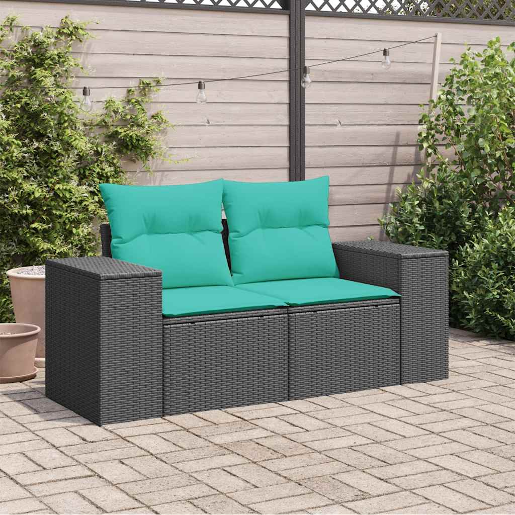 vidaXL Sofa ogrodowa z poduszkami, 2-osobowa, czarna, polirattan