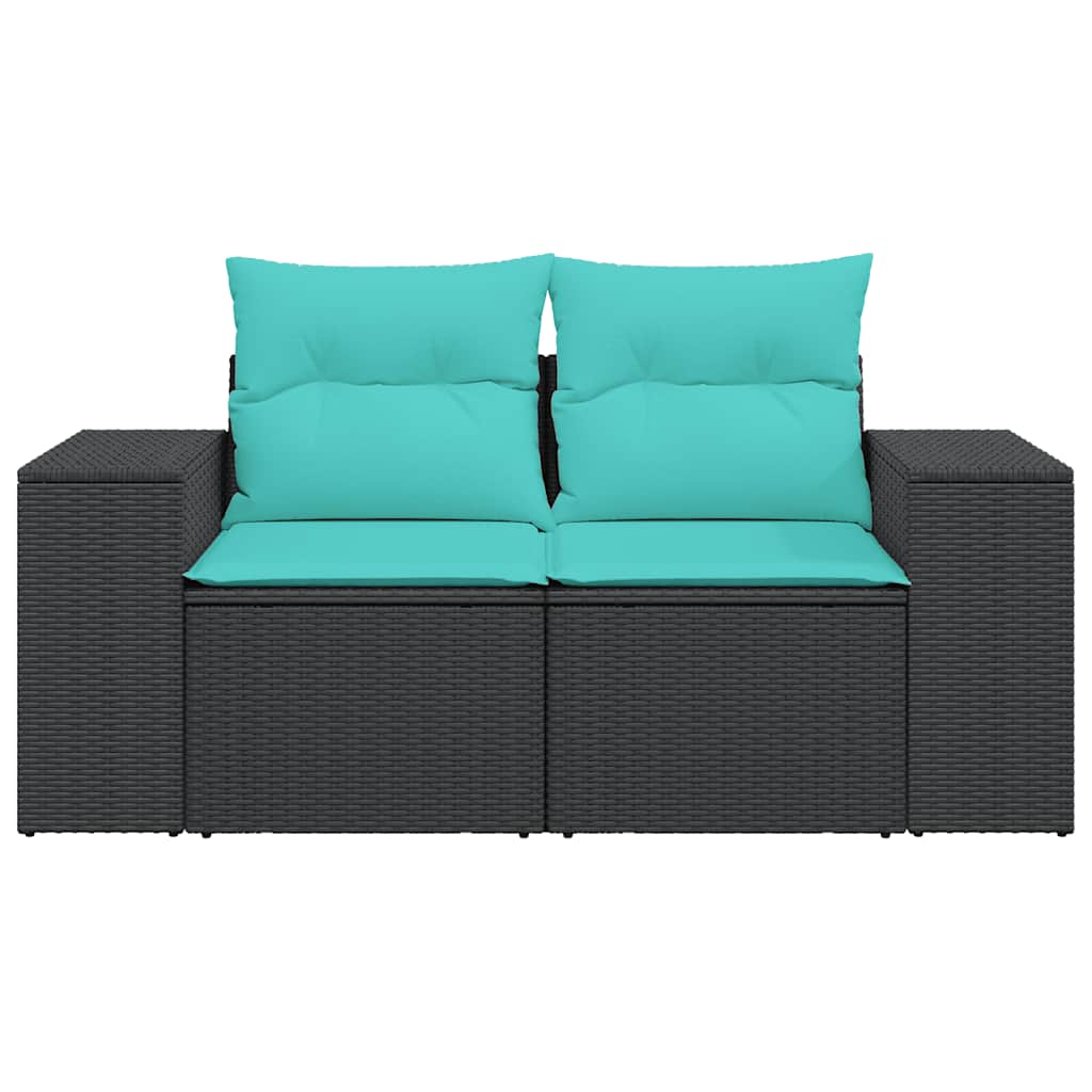 vidaXL Sofa ogrodowa z poduszkami, 2-osobowa, czarna, polirattan