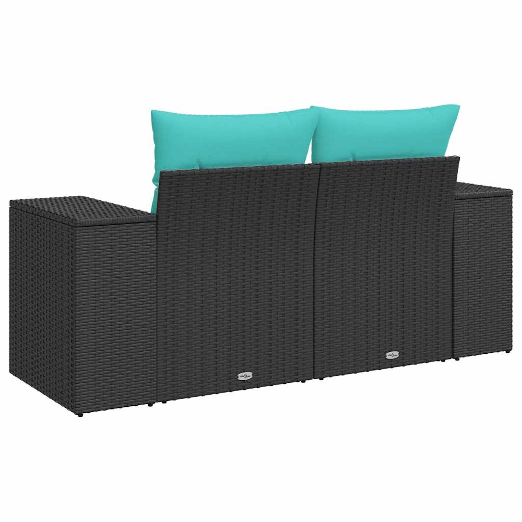 vidaXL Sofa ogrodowa z poduszkami, 2-osobowa, czarna, polirattan