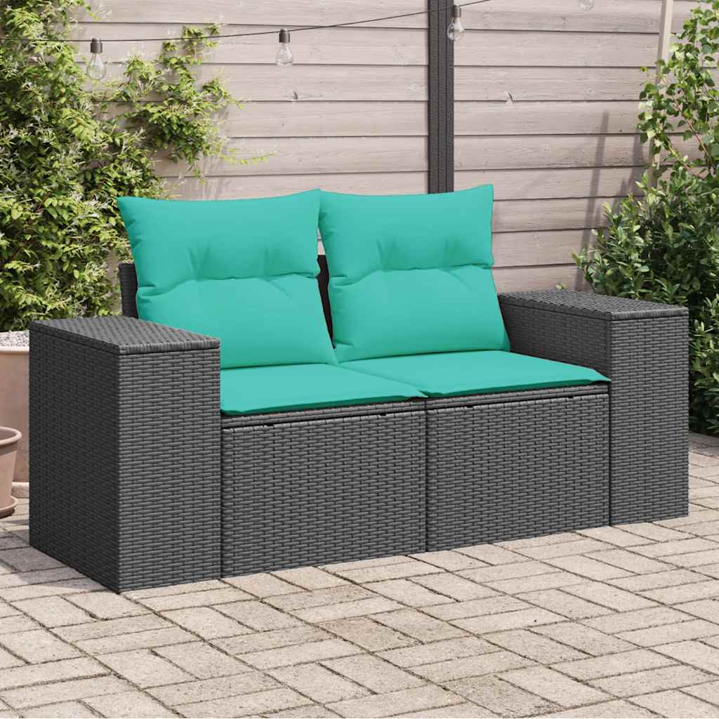 vidaXL Sofa ogrodowa z poduszkami, 2-osobowa, czarna, polirattan