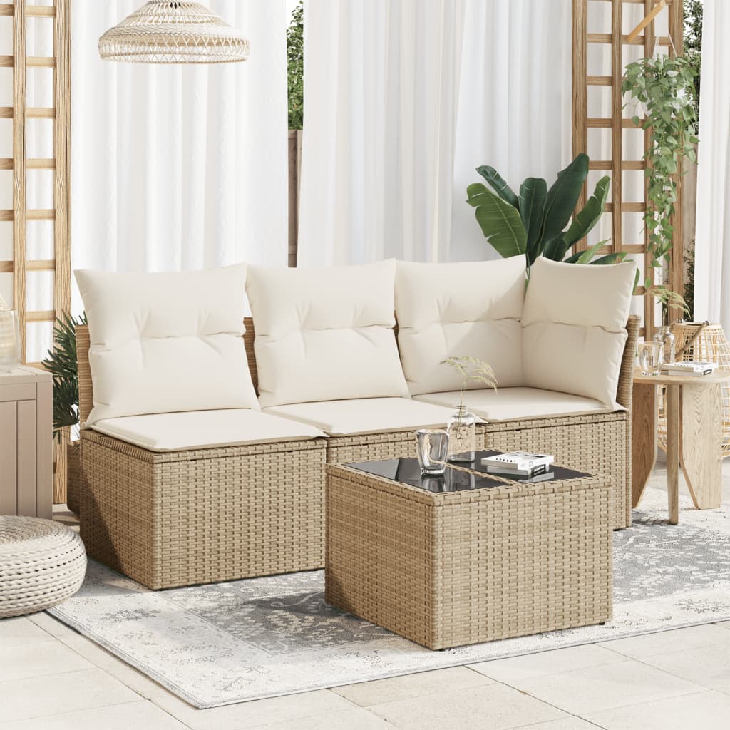 vidaXL Stół ogrodowy ze szklanym blatem, beżowy 55x55x37 cm, rattan PE