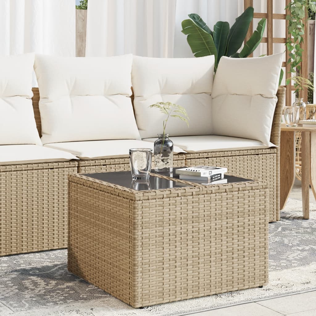 vidaXL Stół ogrodowy ze szklanym blatem, beżowy 55x55x37 cm, rattan PE