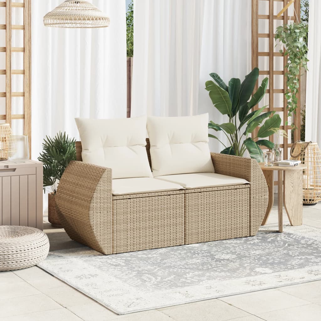 vidaXL Sofa ogrodowa z poduszkami, 2-osobowa, beż, polirattan