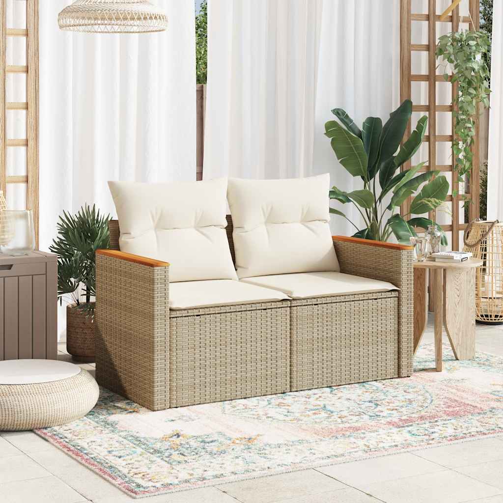 vidaXL Sofa ogrodowa z poduszkami, 2-osobowa, beż, polirattan
