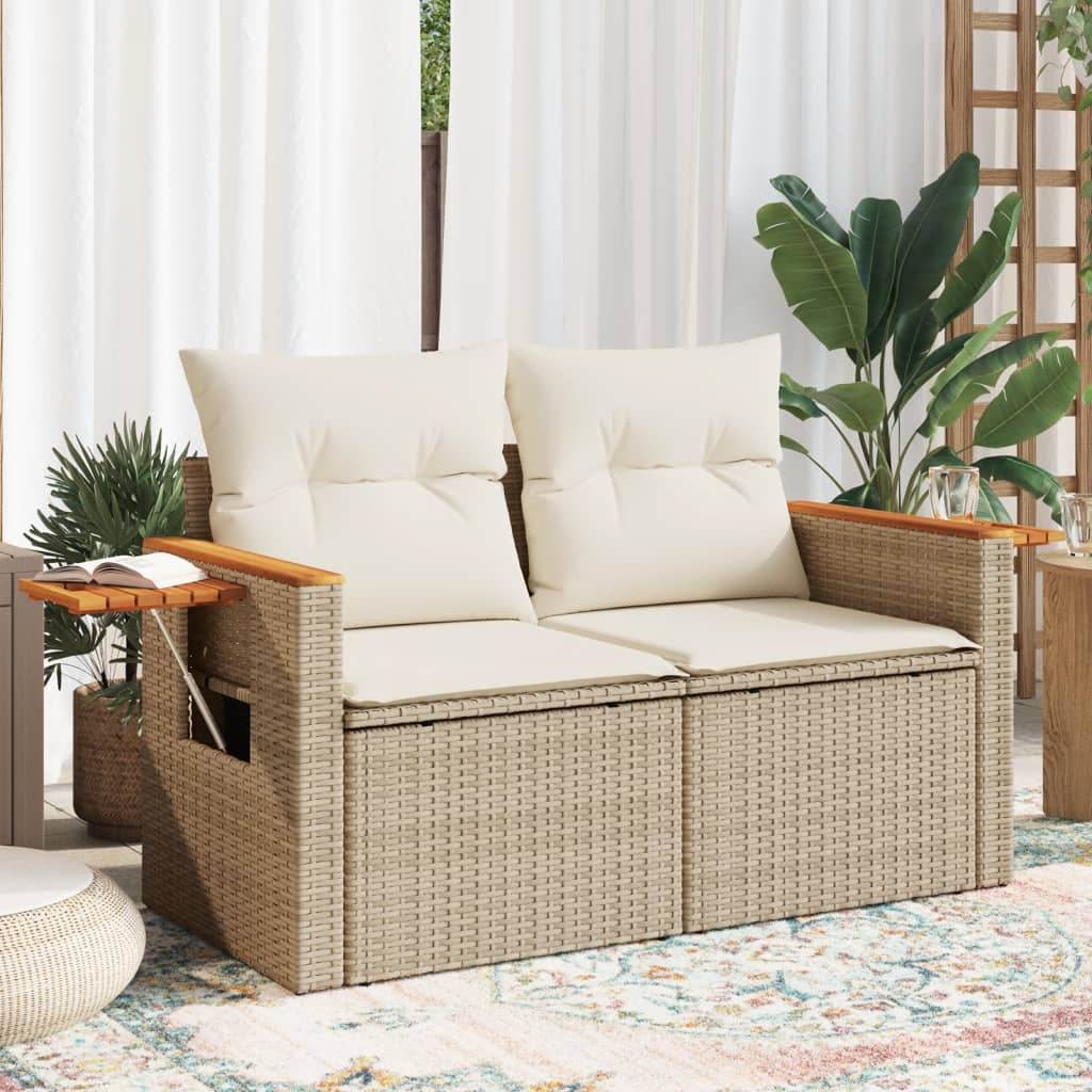 vidaXL Sofa ogrodowa z poduszkami, 2-osobowa, beż, polirattan