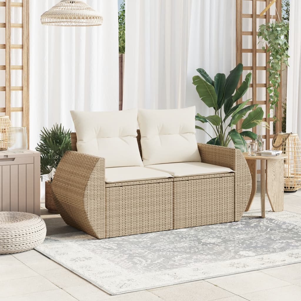 vidaXL Sofa ogrodowa z poduszkami, 2-osobowa, beż, polirattan