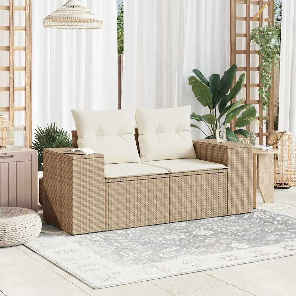 vidaXL Sofa ogrodowa z poduszkami, 2-osobowa, beżowa, polirattan