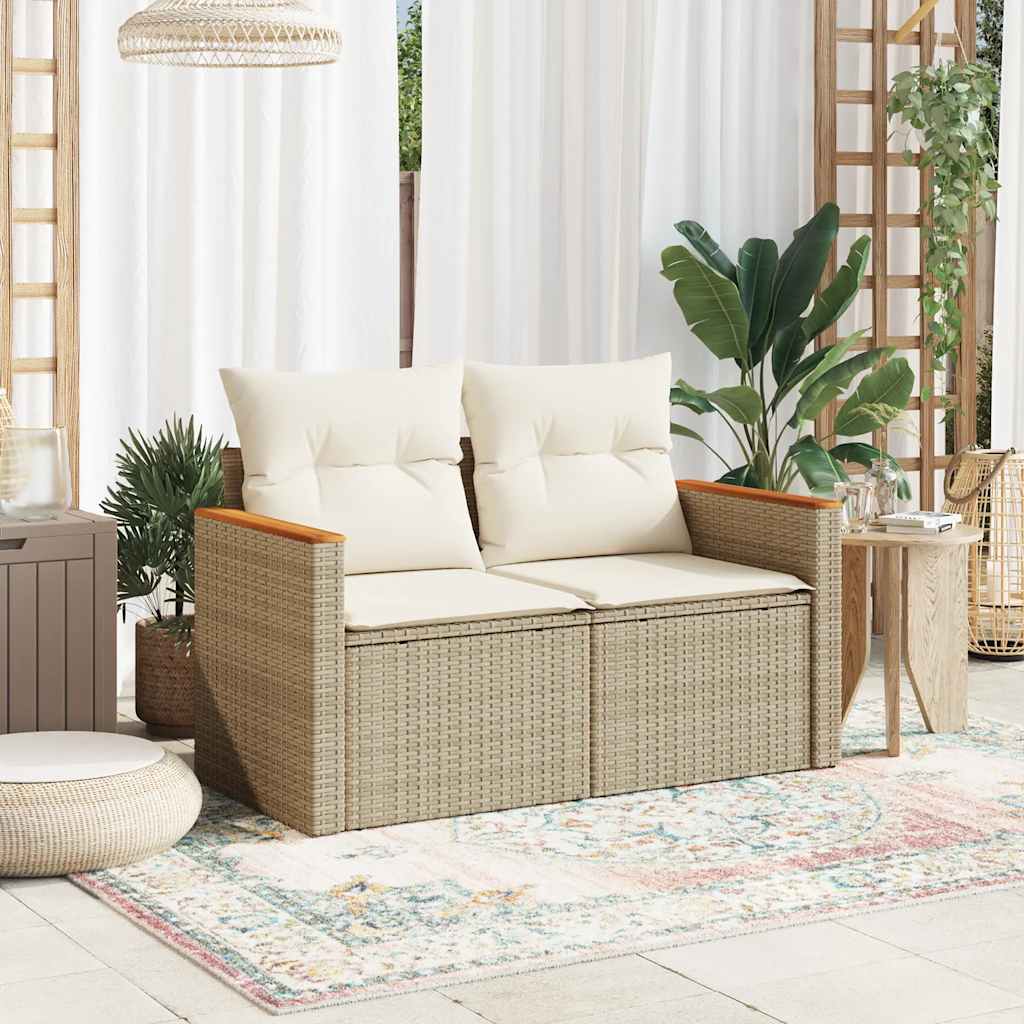 vidaXL Sofa ogrodowa z poduszkami, 2-osobowa, beżowa, polirattan