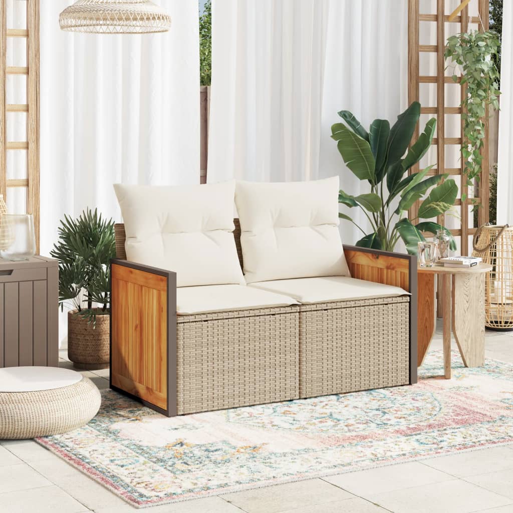 vidaXL Sofa ogrodowa z poduszkami, 2-osobowa, beżowa, polirattan