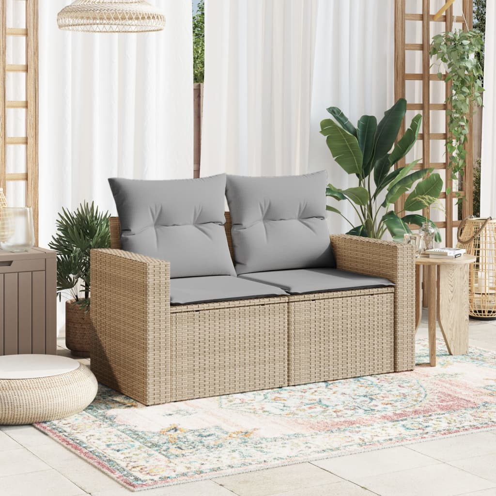 vidaXL Sofa ogrodowa z poduszkami, 2-osobowa, beż, polirattan
