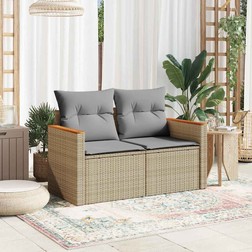 vidaXL Sofa ogrodowa z poduszkami, 2-osobowa, beż, polirattan