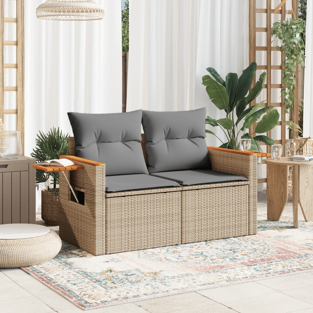 vidaXL Sofa ogrodowa z poduszkami, 2-osobowa, beż, polirattan