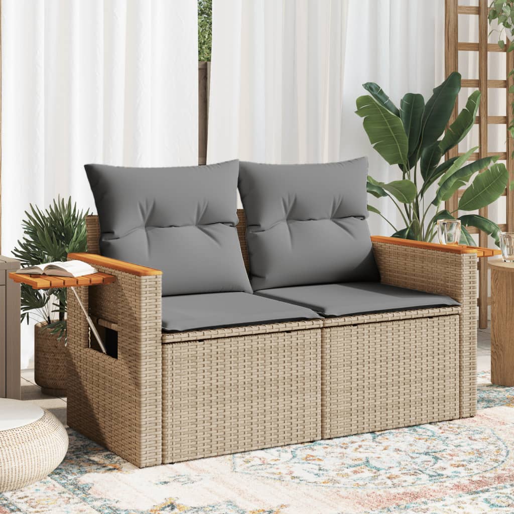 vidaXL Sofa ogrodowa z poduszkami, 2-osobowa, beż, polirattan