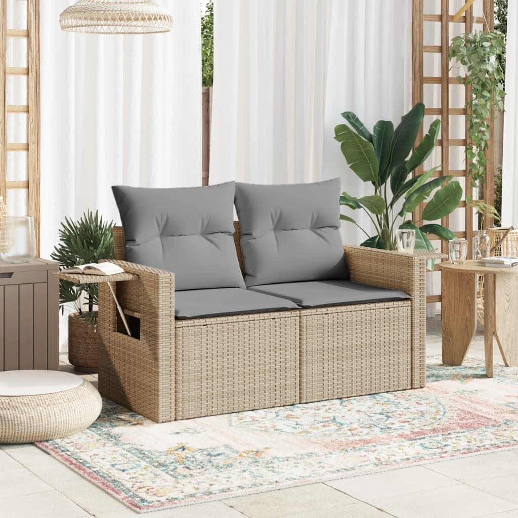vidaXL Sofa ogrodowa z poduszkami, 2-osobowa, beż, polirattan