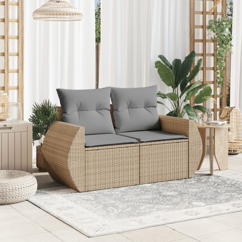 vidaXL Sofa ogrodowa z poduszkami, 2-osobowa, beżowa, polirattan