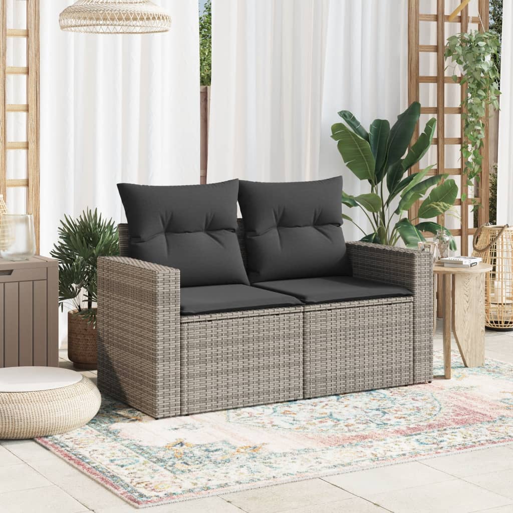 vidaXL Sofa ogrodowa z poduszkami, 2-osobowa, szara, polirattan