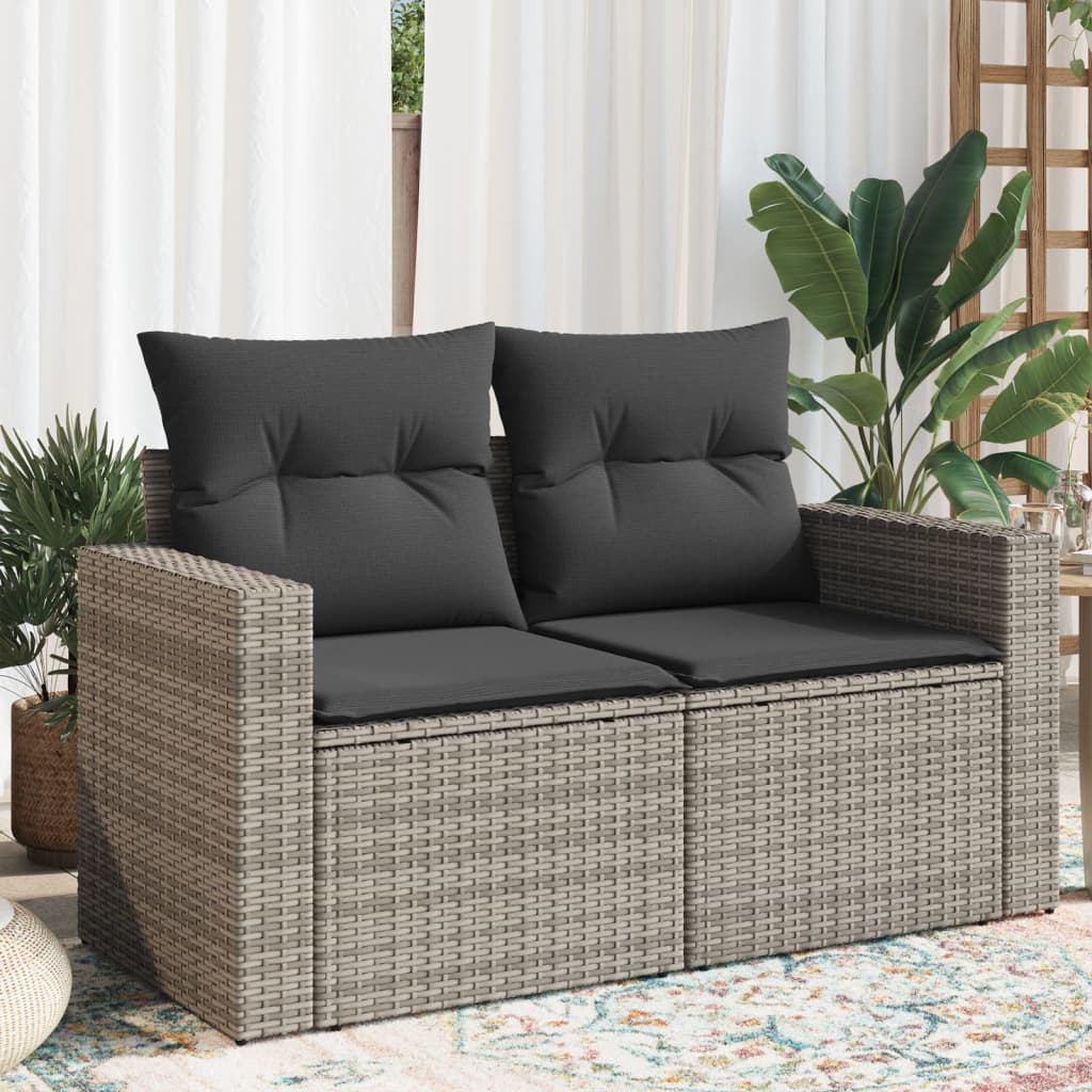 vidaXL Sofa ogrodowa z poduszkami, 2-osobowa, szara, polirattan