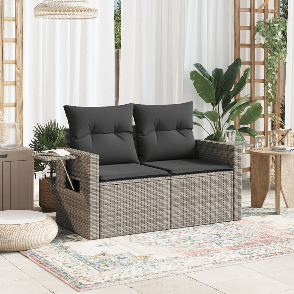 vidaXL Sofa ogrodowa z poduszkami, 2-osobowa, szara, polirattan