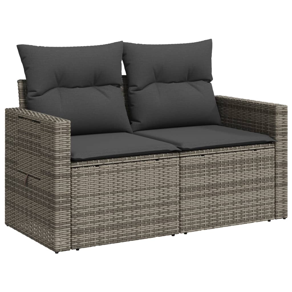 vidaXL Sofa ogrodowa z poduszkami, 2-osobowa, szara, polirattan