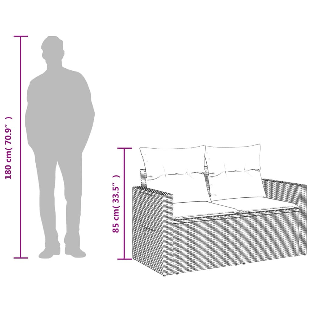 vidaXL Sofa ogrodowa z poduszkami, 2-osobowa, szara, polirattan