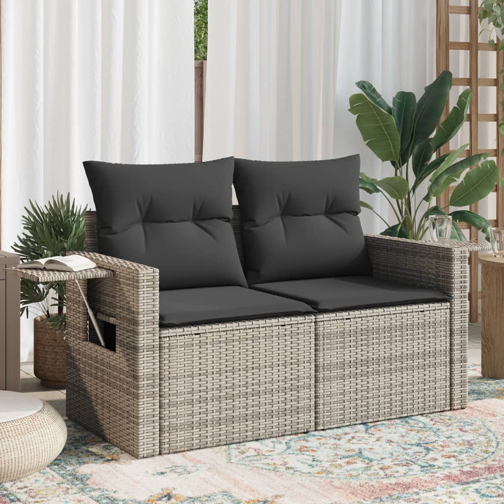 vidaXL Sofa ogrodowa z poduszkami, 2-osobowa, szara, polirattan