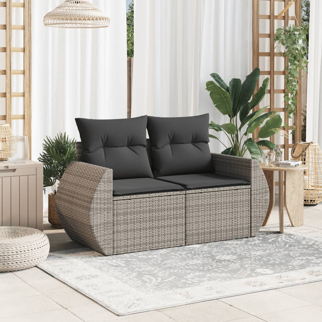 vidaXL Sofa ogrodowa z poduszkami, 2-osobowa, szara, polirattan