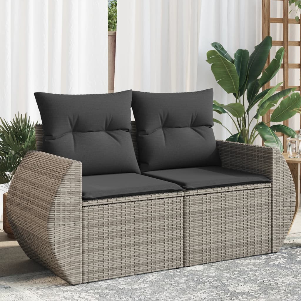 vidaXL Sofa ogrodowa z poduszkami, 2-osobowa, szara, polirattan