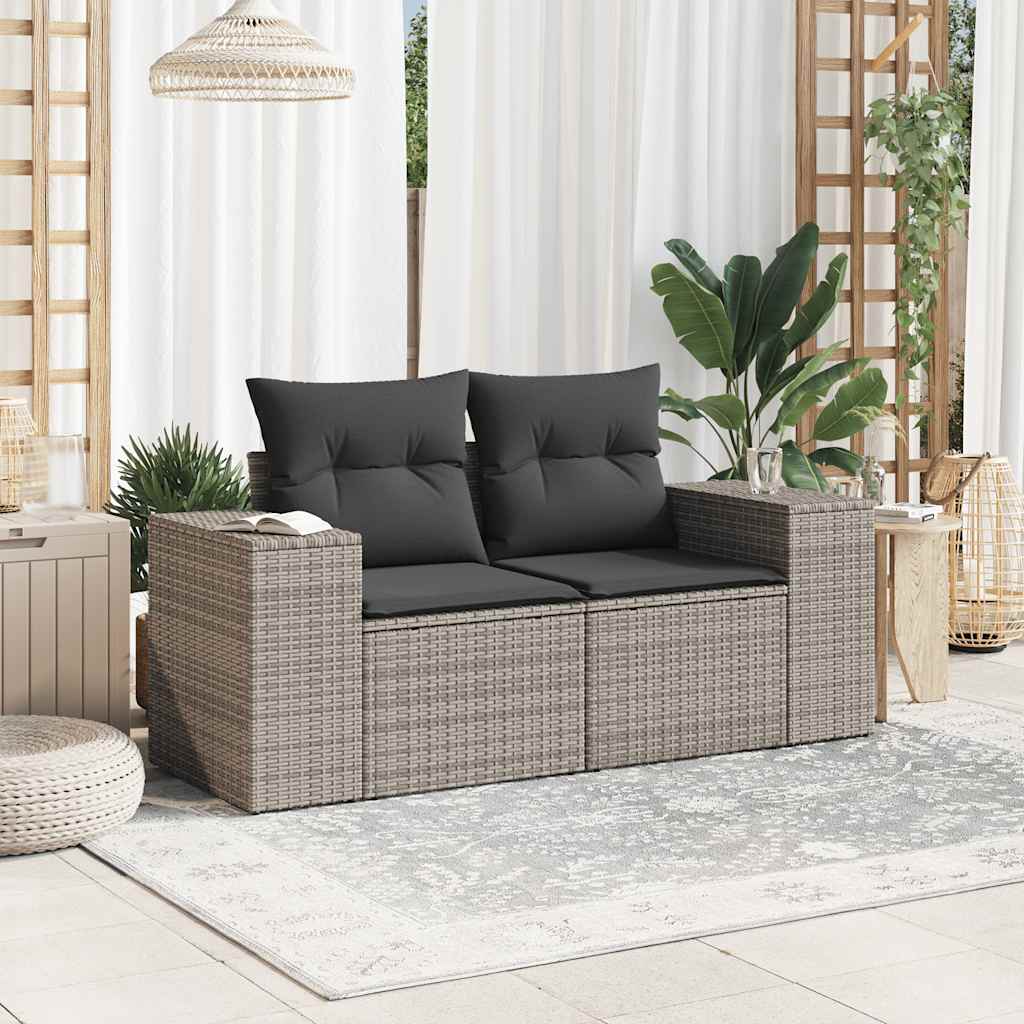 vidaXL Sofa ogrodowa z poduszkami, 2-osobowa, szara, polirattan