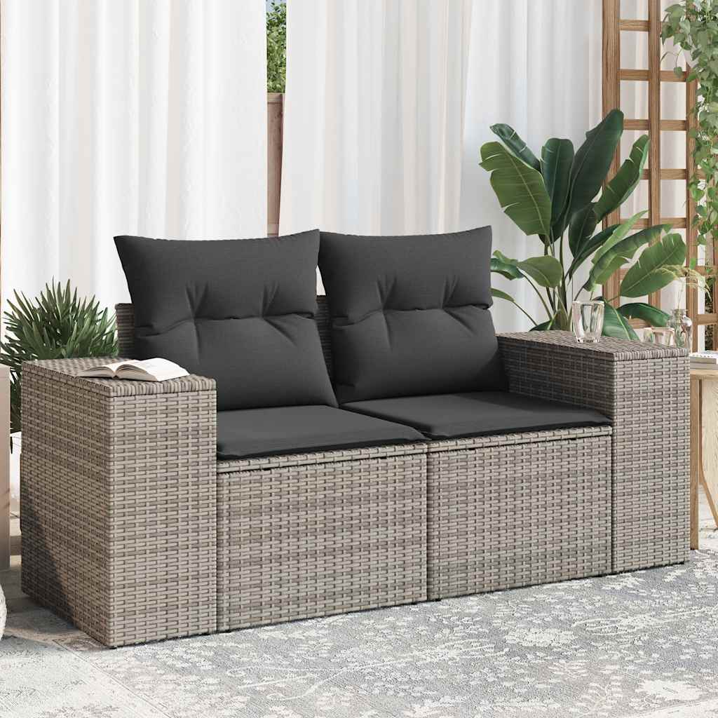 vidaXL Sofa ogrodowa z poduszkami, 2-osobowa, szara, polirattan