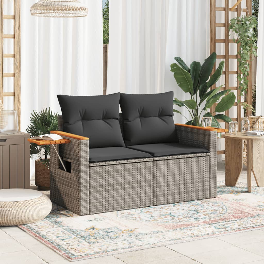 vidaXL Sofa ogrodowa z poduszkami, 2-osobowa, szara, polirattan