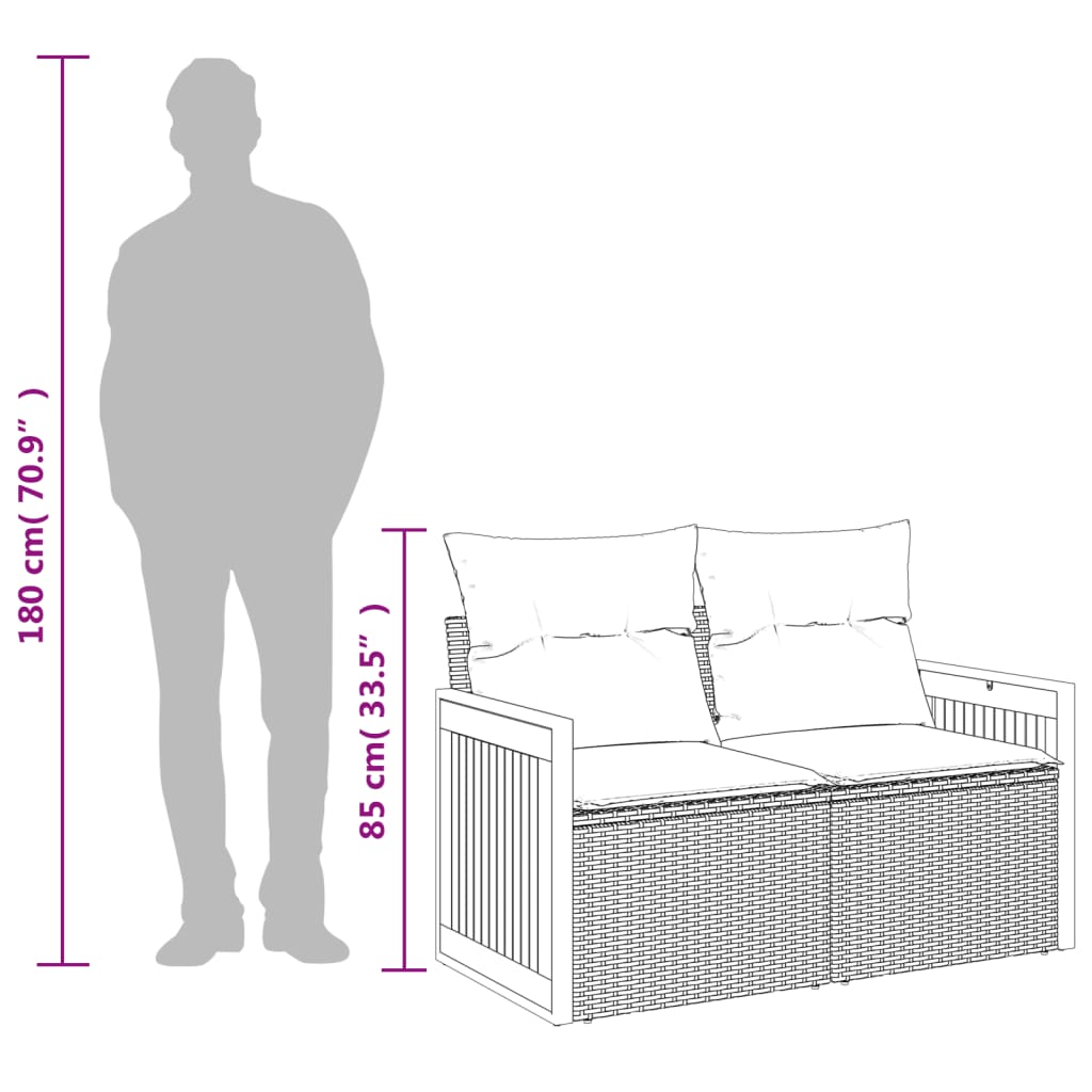 vidaXL Sofa ogrodowa z poduszkami, 2-osobowa, szara, polirattan