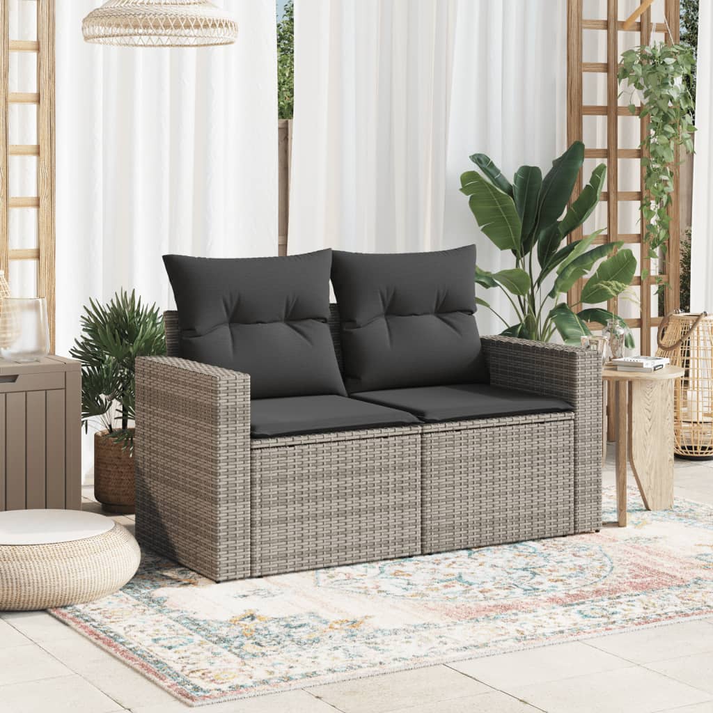vidaXL Sofa ogrodowa z poduszkami, 2-osobowa, szara, polirattan