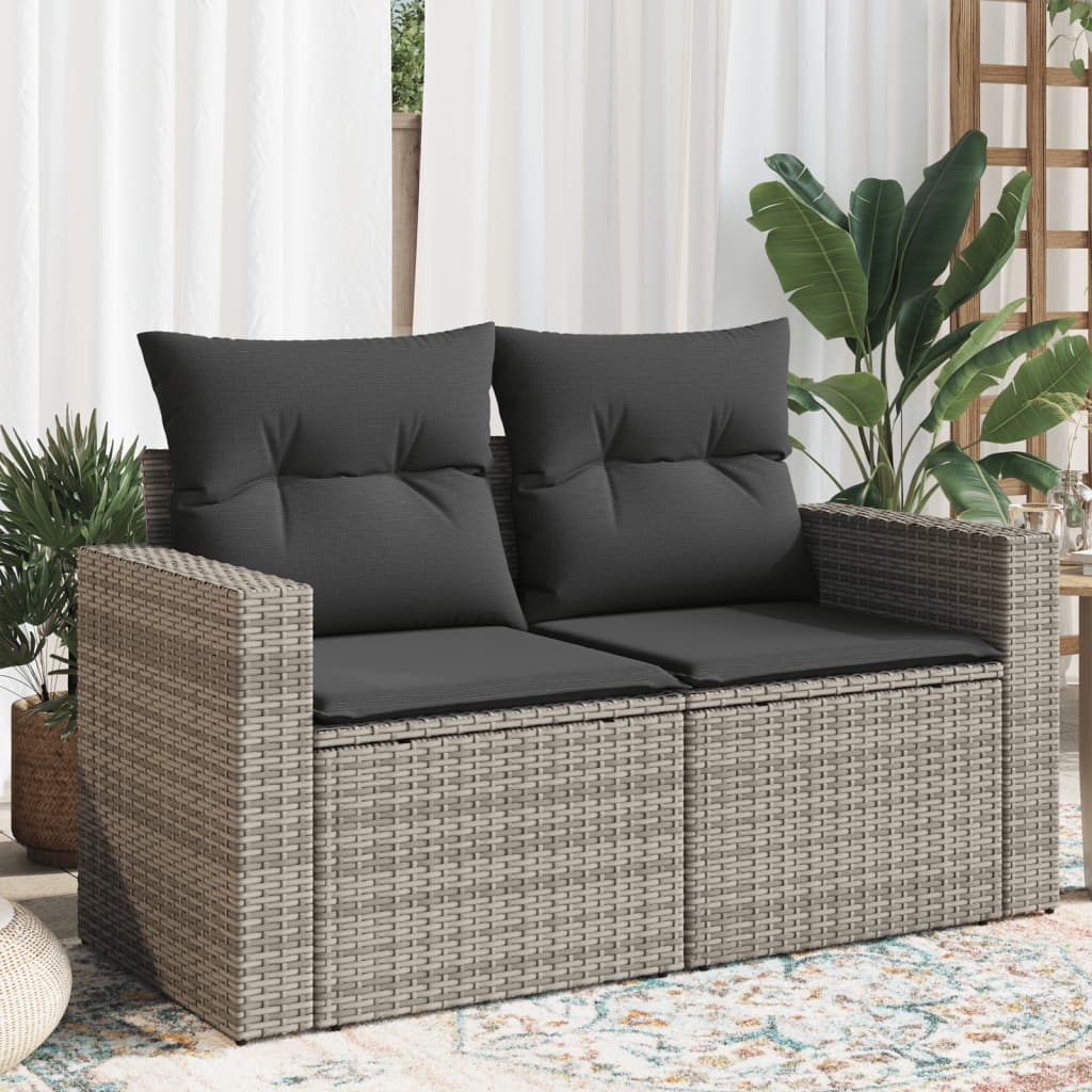 vidaXL Sofa ogrodowa z poduszkami, 2-osobowa, szara, polirattan